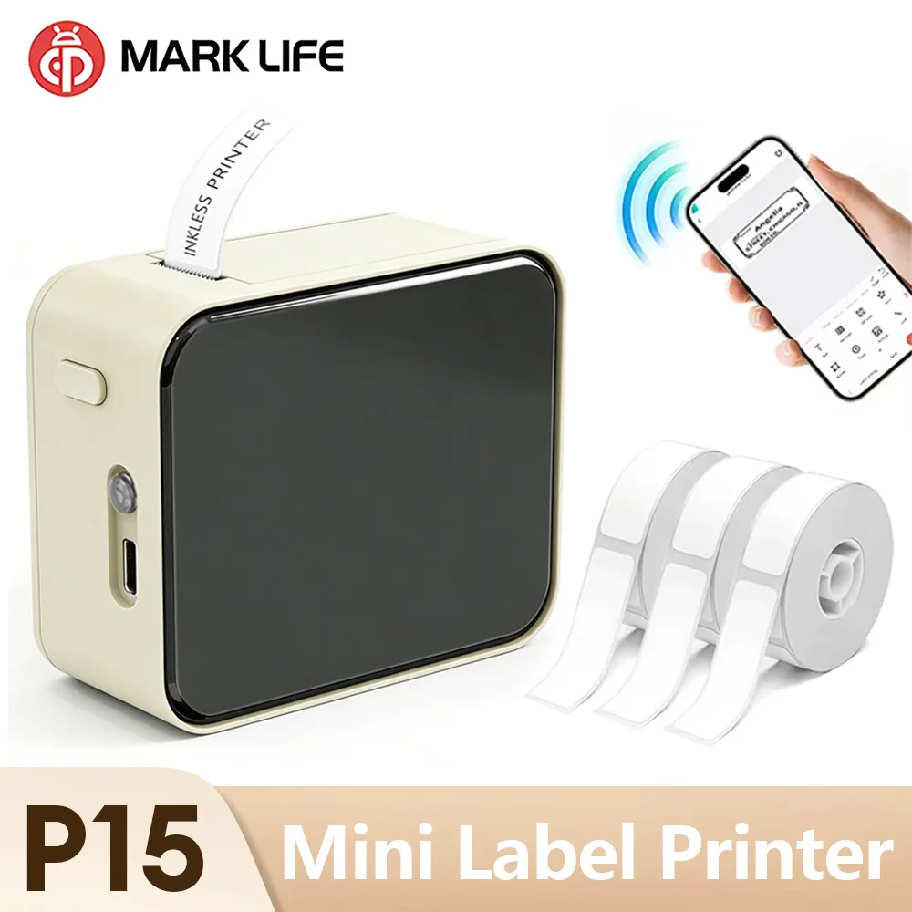 Marklife P15 מדפסת תוויות תרמית מיני כף יד מכונת תיוג אלחוטית בלוטות' עם תווית דביקה לתגי מחיר ללא דיו