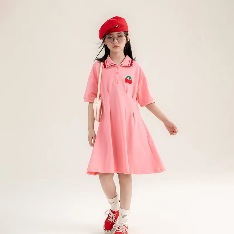 

ZOETOP 2024 Korean Summer Junior Girl Dress Children Girl Cherry Embroidery A-line Dress School Girl Sweet Pink Polo Dress