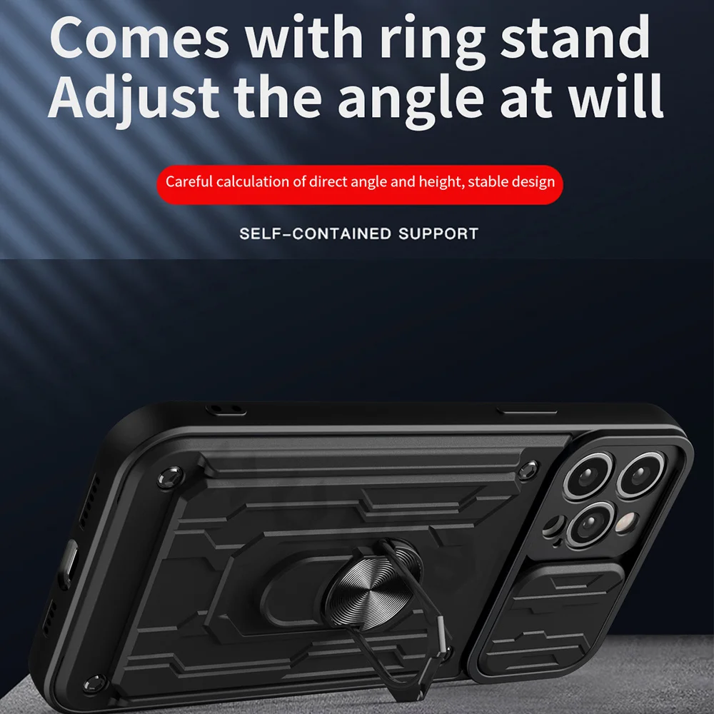 For iPhone 13 12 11 Pro Max Case Slide Stand Kickstand Ring Camera Military Grade Card Slot SE 2020 XR XS Max X XS 8 Plus Cover