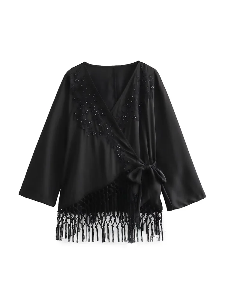 

2023 Уличная мода, галстук-бабочка с запахом, длинный рукав, низ с бахромой, топ в стиле кимоно, винтажная черная блузка с цветочной вышивкой и блестками