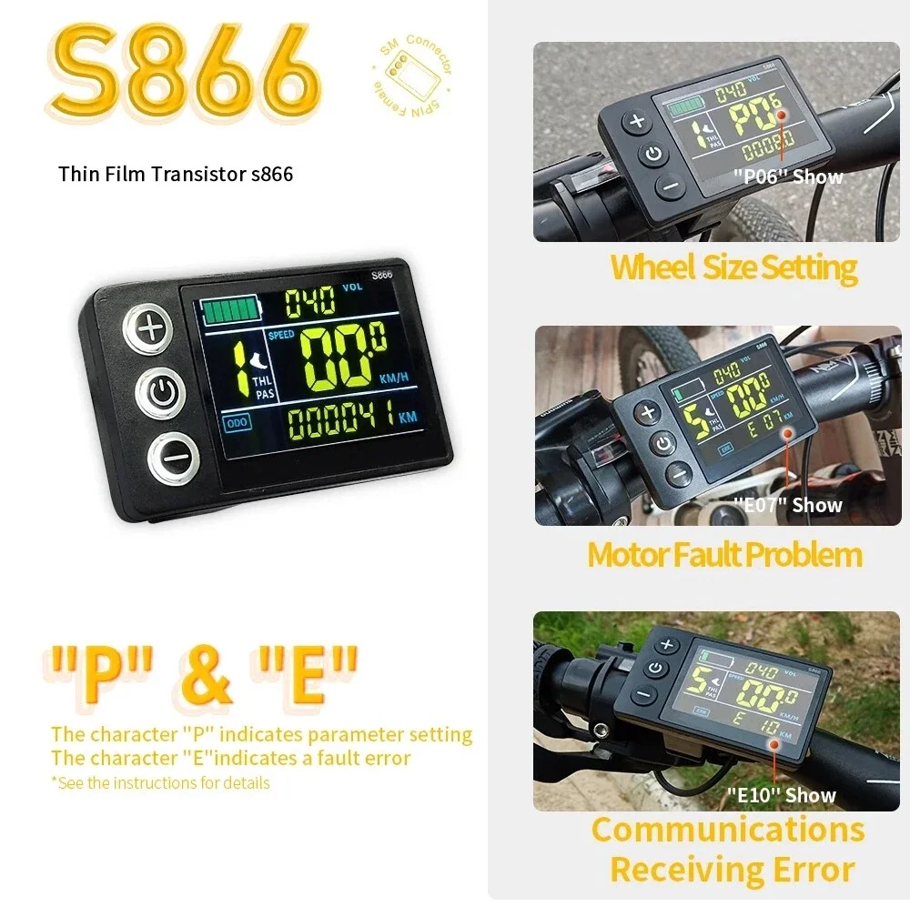 E-bike LCD S866 LCD color Display 24V/36V/48V , 5+2Pin , Bracket Diameter: 22.2