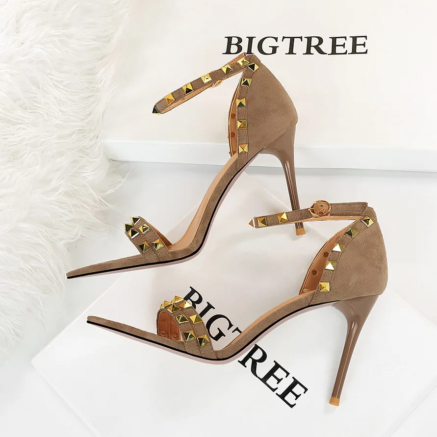 Sexy High Heels Sandals Women Rivet Buckle Strap Open Toe Modern Sandals Thin Heel Solid Lady Shoes Sandalias Femininas Sandal