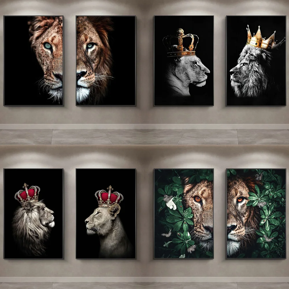 COMIO King Animal Lion And Lioness Canvas Wall Art Lion With Gold Crown Grey Picture Artwork Giclee Print Gallery Wrap Bedroom Home Decor Ready Hang