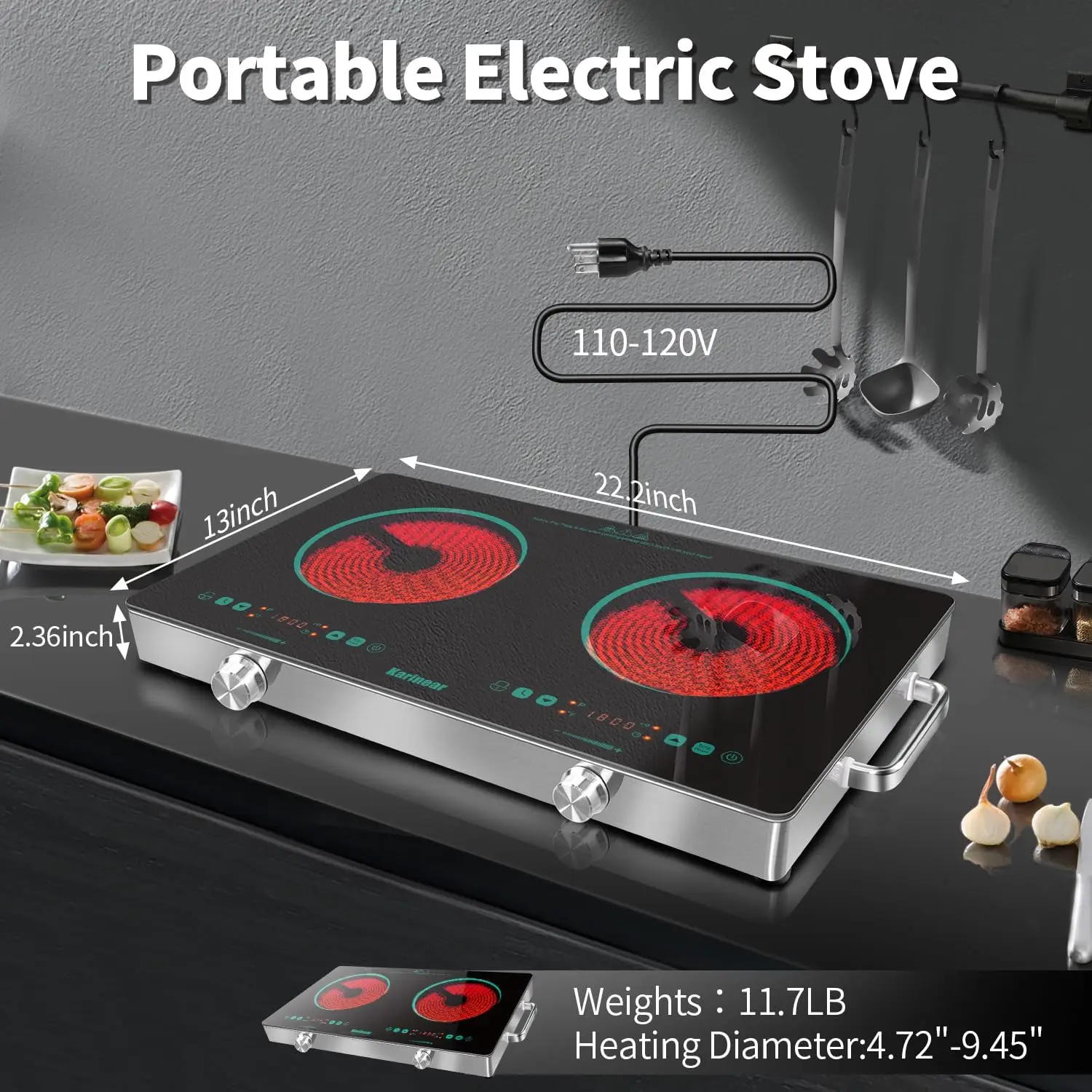 2 Burner Electric Cooktop 110V, Portable Electric Stove with Handle, Knob Control Electri Hot Plate, Ceramic Countertop