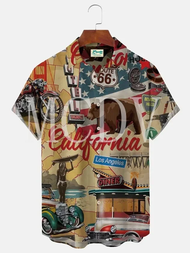 Summer Hawaiian Shirts for Men and Women Road ROUTE66 Plus Size Leisure Fashion Button Shirts