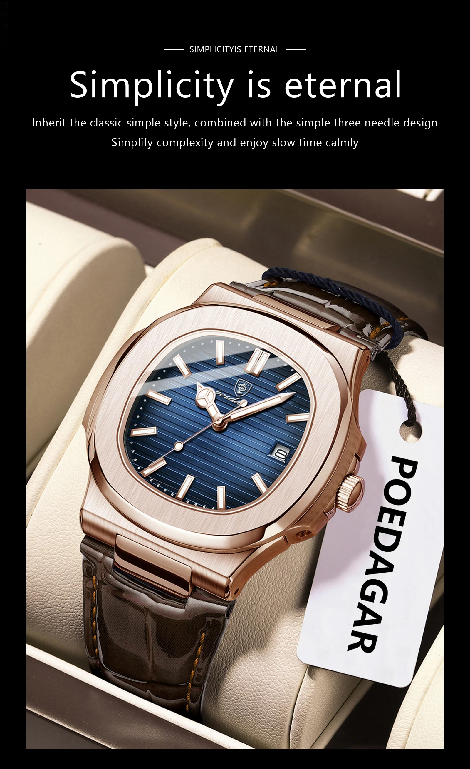 POEDAGAR Business Man Watch Date Waterproof Luminous Leather Classic Watches For Men High Quality Square Quartz Men's Wristwatch