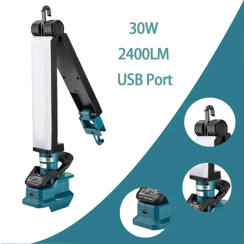 2400LM LED Work Light Clip on Light Compatible for Makita 30W Compatible with Li-ion Battery Foldable Light Power Tool