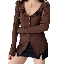 

Women Trendy Blouse Solid Color Ruffled V-Neck Long Sleeves Button-Down Slim-Fit Camisole for Girls