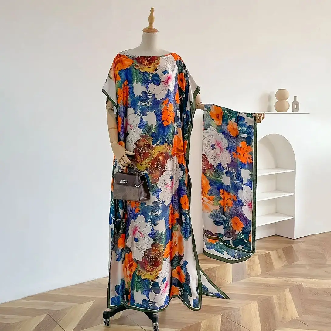 New 2025 Dubai Abaya For Women Summer Short Sleeve Cotton Dress Gold Stamping Loose Lady Maxi Islam African Dress With Big Scarf