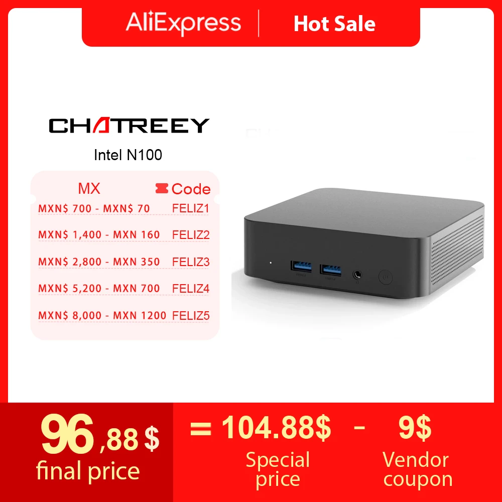 Chatreey T9 Mini PC Intel Alder Lake N100 Windows 11 Ultra Small Pocket Computer Dual SSD Full Function Type-C 4K 60Hz RGB