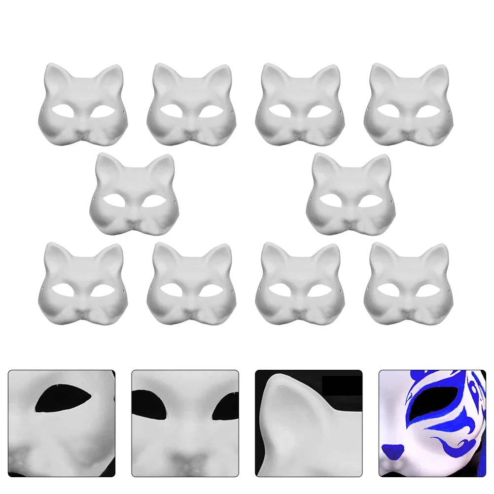 

10pcs White DIY Unpainted Cat Graffiti Masquerade for Kids Hand Painting Crafts Decorating Party Favors