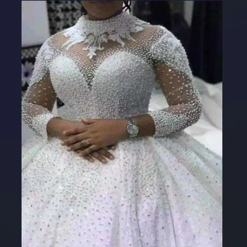 

Spring Luxury Heavy Pearls Beaded Wedding Dresses Long Sleeves high neck Bling Bling Ball Gown Plus Size African Wedding Dress