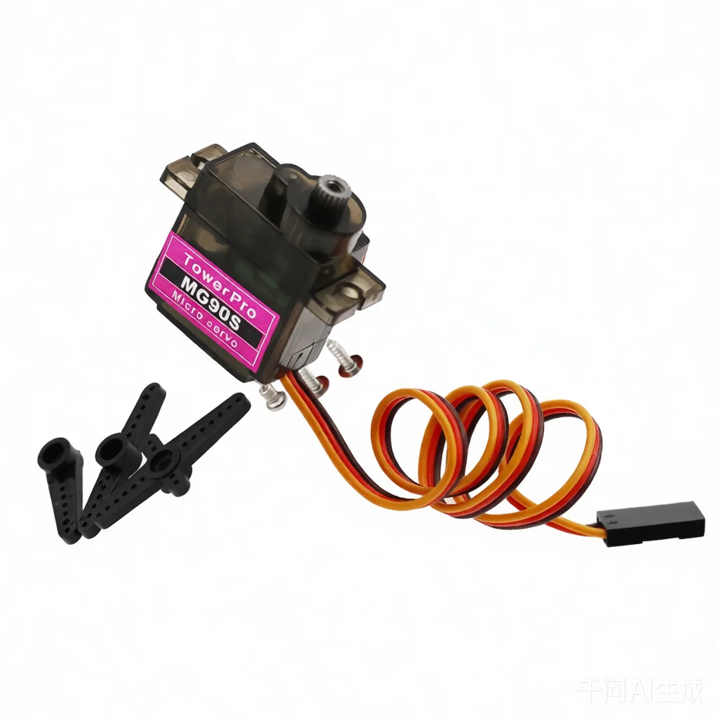 Servomoteur MG90S 180° montrant son boîtier métallique et engrenages, pour direction précise en RC.