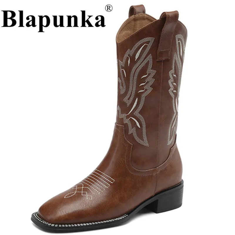 

Blapunka High Quality Genuine Leather Cowboy Boots Handmade Embroidery Slip-on Cowgirl Brown Western Boots Square Toe Shoes Lady
