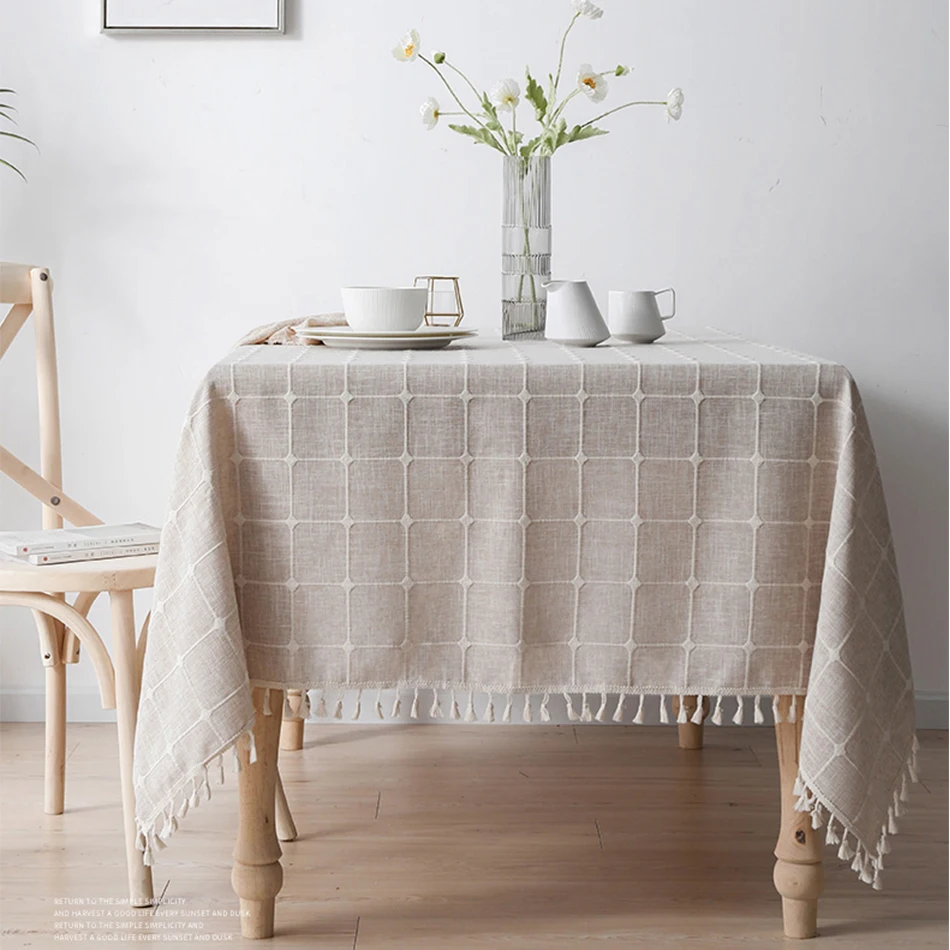 Three-dimensional Jacquard Checkered Tablecloth Cotton Linen Tassels Dust-Proof Table Cover For Dinning Party Wedding Decor leather table cloth,rectangular tablecloth,disposable tablecloth,tarot card table cloth,table cloth,tarot tablecloth,linen table runner
