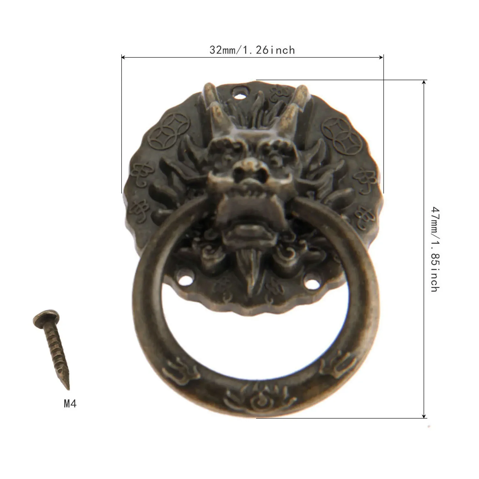 2pcs Antique Bronze Dragon Head Handles Old Chinese Style Vintage Pulls Ring for Dresser Drawer Cabinet Door 32*47mm