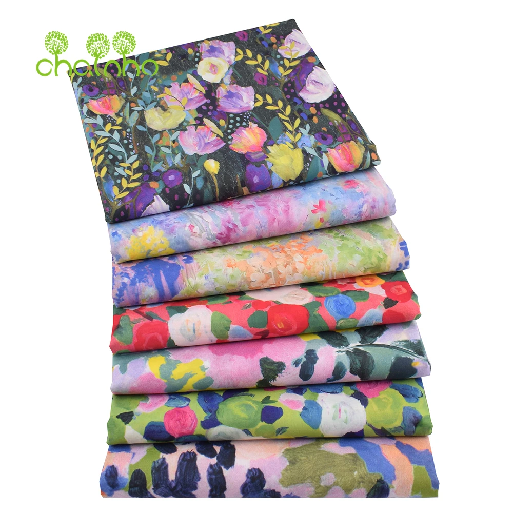 Chainho,Printed Plain Weave Poplin Cotton Fabric,DIY Quilting Sewing Material,Patchwork Cloth,Floral Series,2 Sizes,15PC208