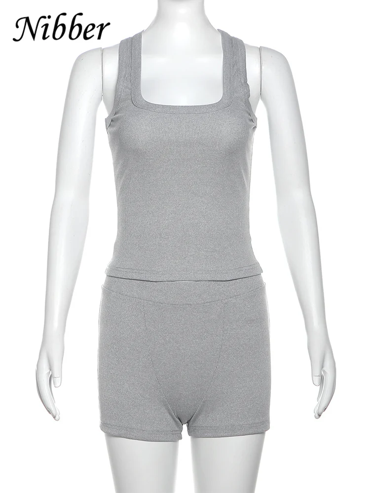 Nibber Ribbed Casual 2 Piece Set Women Tracksuit Sporty Square Collar Tank Tops+Shorts Suit Streetwear Simple Matching Outfits