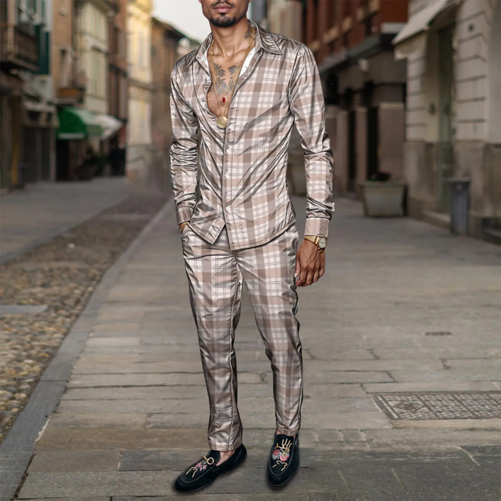 Conjunto de camisa de hombre primavera/verano 2025, estampado de marca, moda, sencillo, de dos piezas, traje de fiesta ligero de lujo para hombre, manga larga, nuevo St_voghion.com