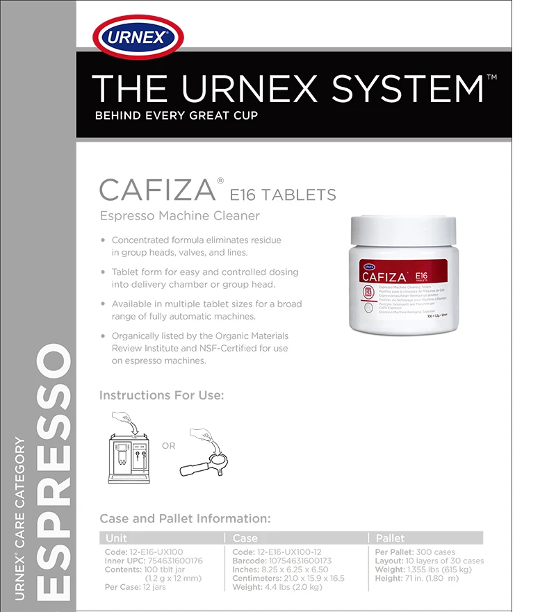 Urnex Cafiza E16 Comprimés de nettoyage pour machine à espresso 100 pièces  - Crema