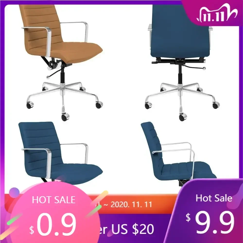 "ergonomic mid-back swivel chair with ribbed design, faux leather, dark blue"