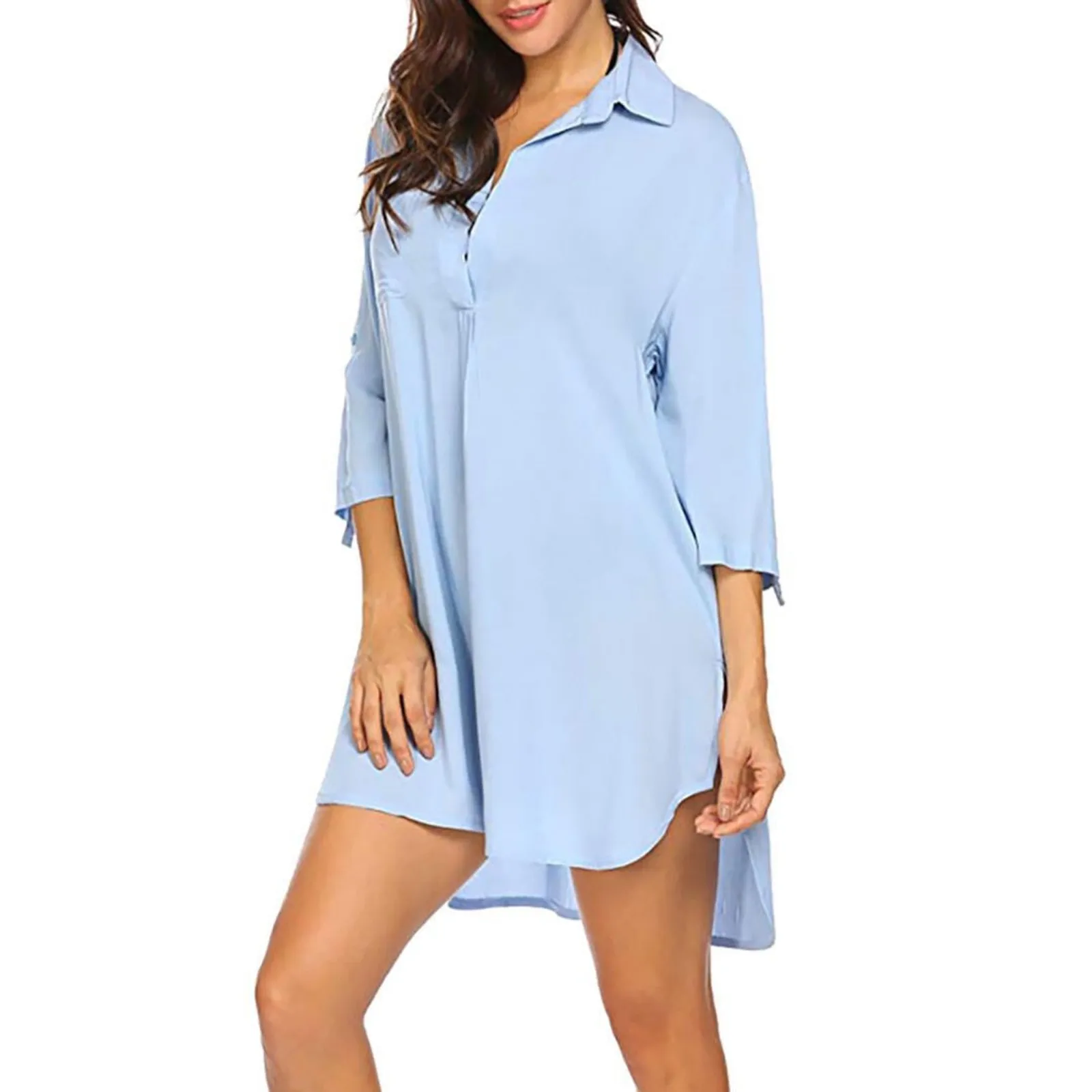 

Women's New Summer Sexy Loose Solid Color Lapel Three Quarter Sleeve Dress New Fashion Women Swimsuit Cover Ups Shirts Dresses