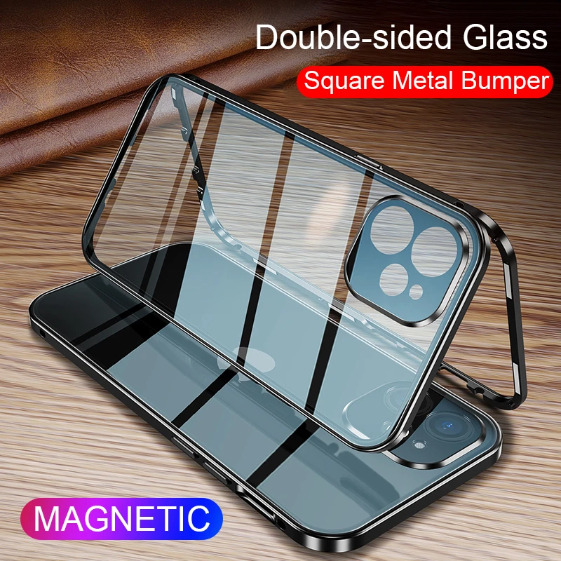 360 Magnetic Adsorption Metal Case For iPhone 11 12 13 Pro Max 12 13 Mini Double Sided Glass Cover Camera Lens Protector Film apple 13 pro max case