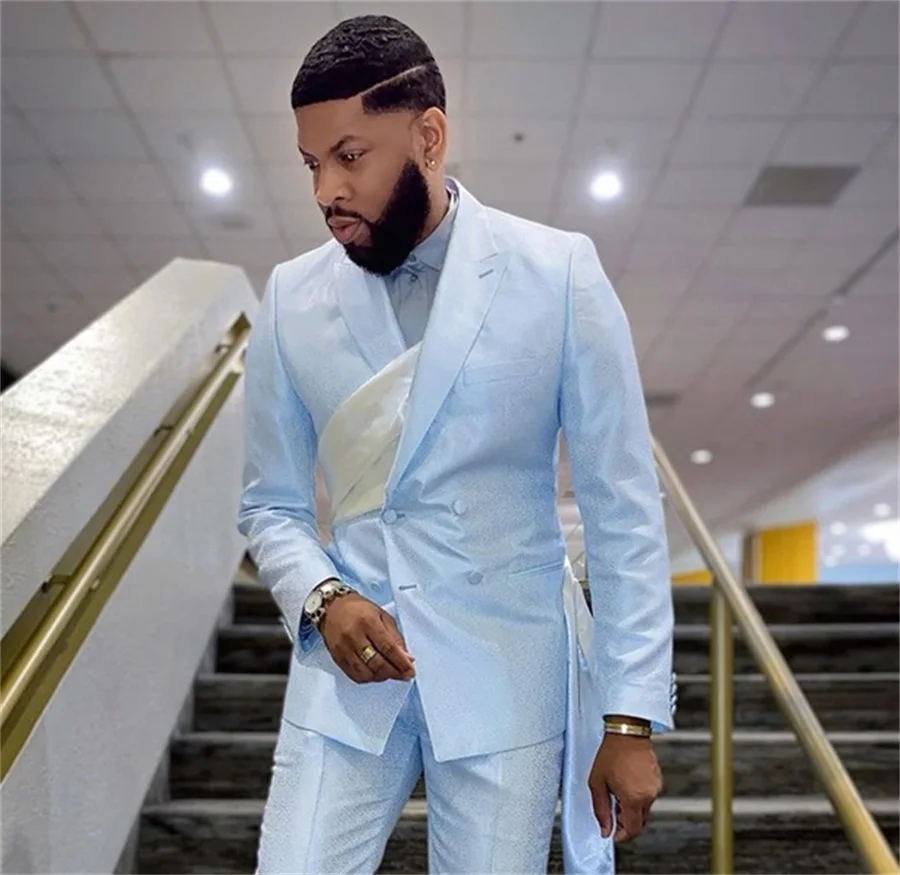 Designer Men Suits For Wedding Tuxedo Silk Satin 2 Pieces (Blazer+Pants) Double Breasted Formal Prom Evening Made