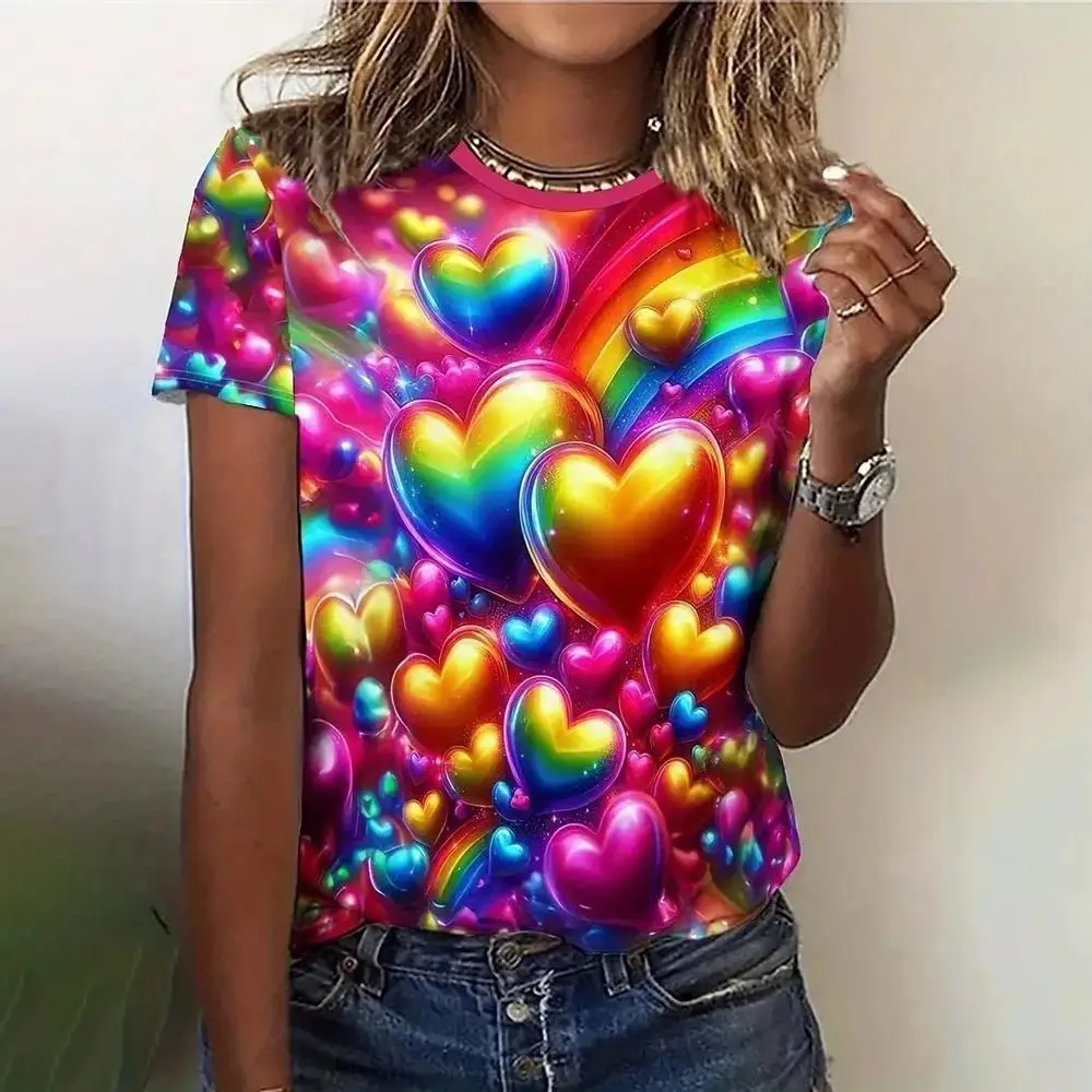 

Love Printing Women's T-Shirts Fashion Top Casual Short Pullover Sleeved O-Neck Tee Shirt Polyester Female New Clothing Summer