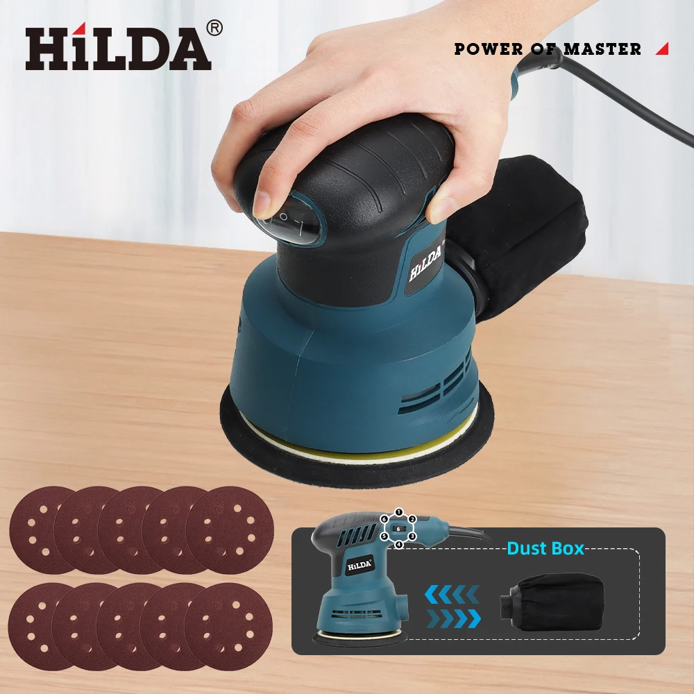 HILDA 300W Electric Eccentric Sander Car Polishing 13000RPM 6 Variable Speed Adjustment 5 Inch for Woodworking/Sanding