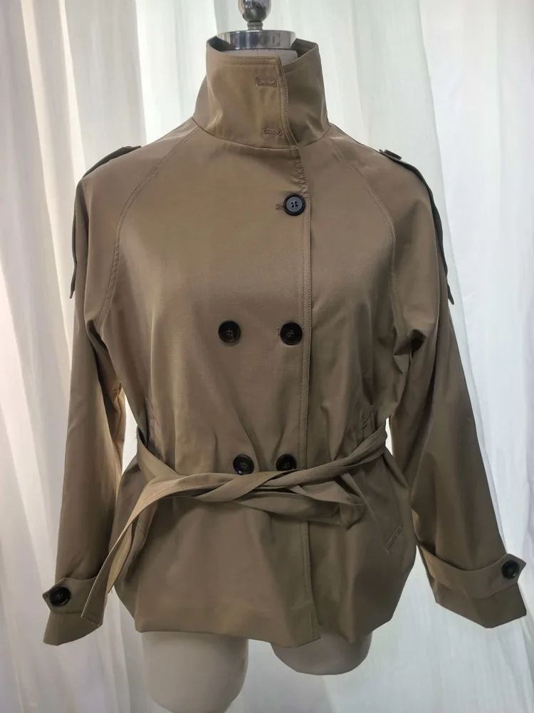 Autumn Chic Women's Double Breasted Cropped Trench Coat with Stand Collar