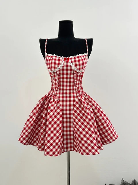 Summer French Party Mini Plaid Dress Women 2000s Vintage Evening Short Dress Office Lady Frocks Japanese Fairy Kawaii Clothing 1