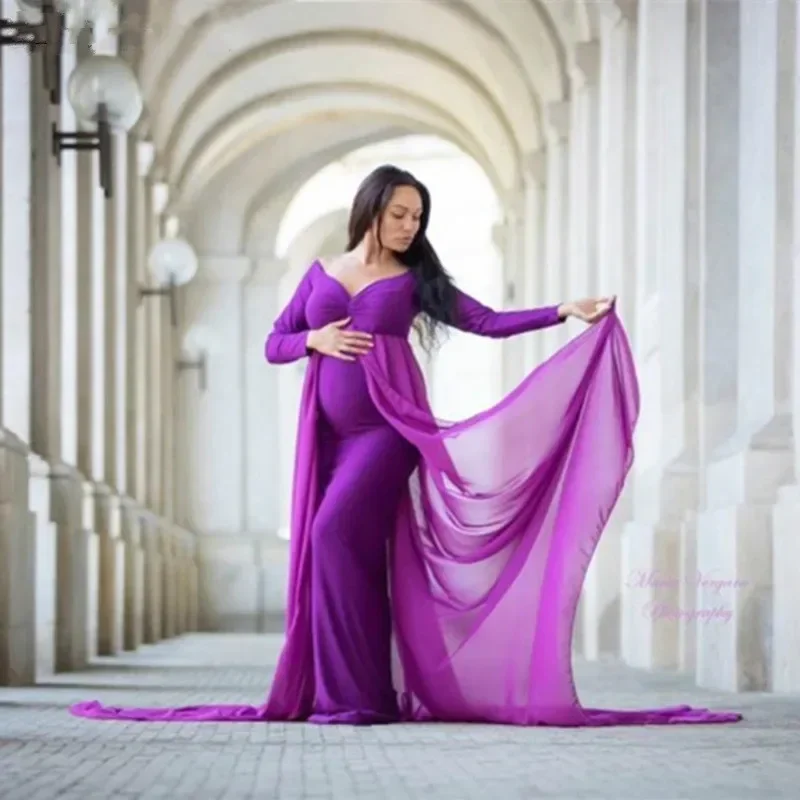 

Baby Shower Jersey Dresses Maternity Photography Long Dress with Cloak Fitted Pregnancy Dresses Chiffon Cloak Maternity Gown