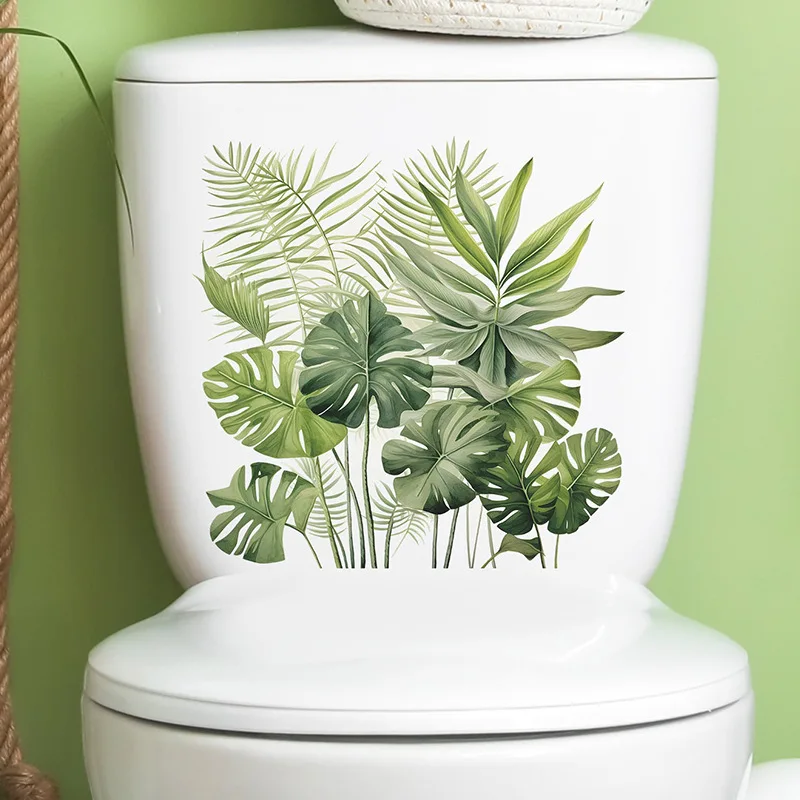 Vinyl stickers toilet stickers toilet wall stickers tropical green plant turtle back leaf wall sticker bathroom toilet decor living room cabinet home decoration decals beautify