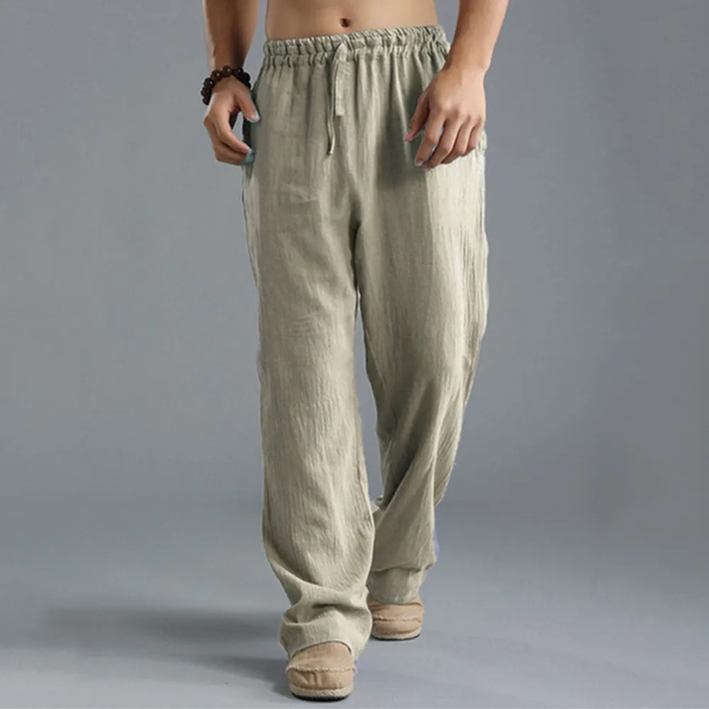 Cotton Drawstring Beach Pants Men Mens Linen Casual Pants With