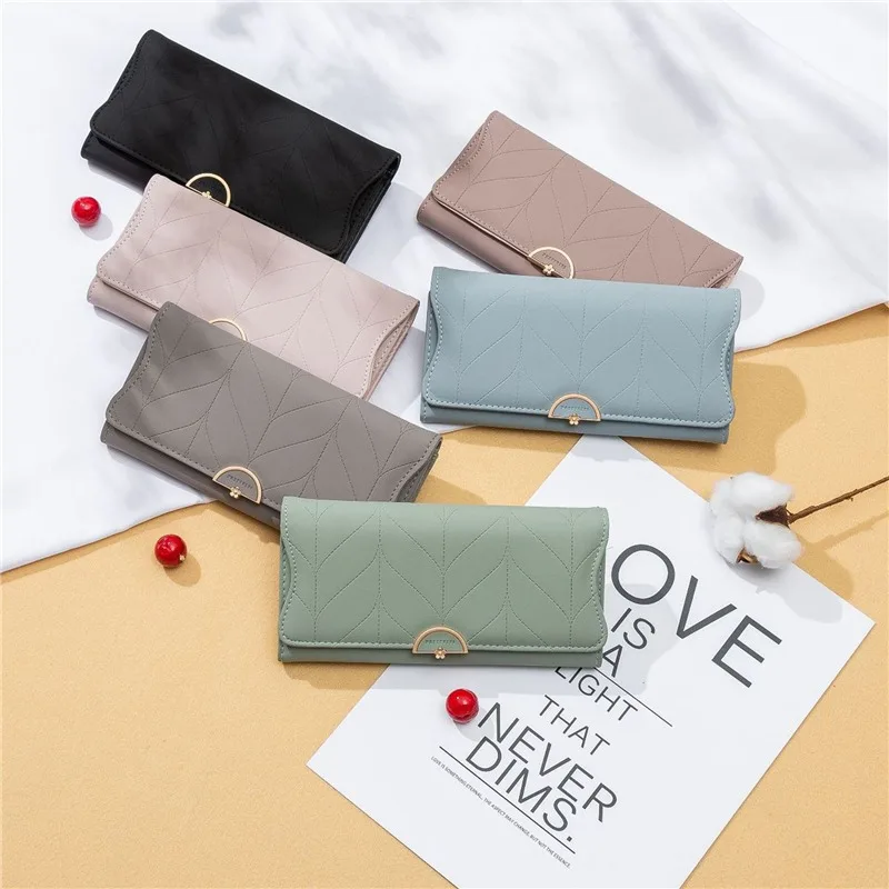 New Fashion Women Long Wallets Multi-Function High Quality Clutch Bag Brand Design Three Fold Coin Purse Solid Color Card Holder |