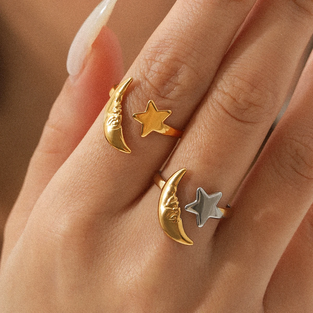 Vintage Minimalistischer Damenring in Gold- und Silberfarben mit Mond- und Sternmotiv, Verstellbarer Edelstahl-Fingerring, Wasserfester Schmuck, Geschenke