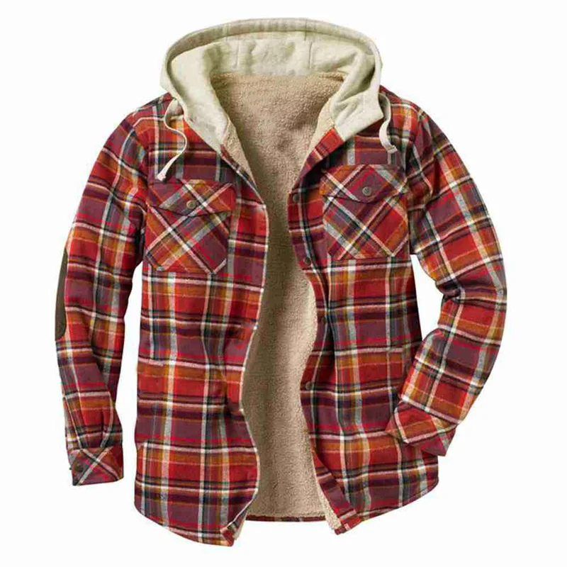 

Fall Winter Men Sherpa Lined Flannel Fashion Soft Long Sleeve Down Plaid Button Up Shirt Jacket Male Red Checked