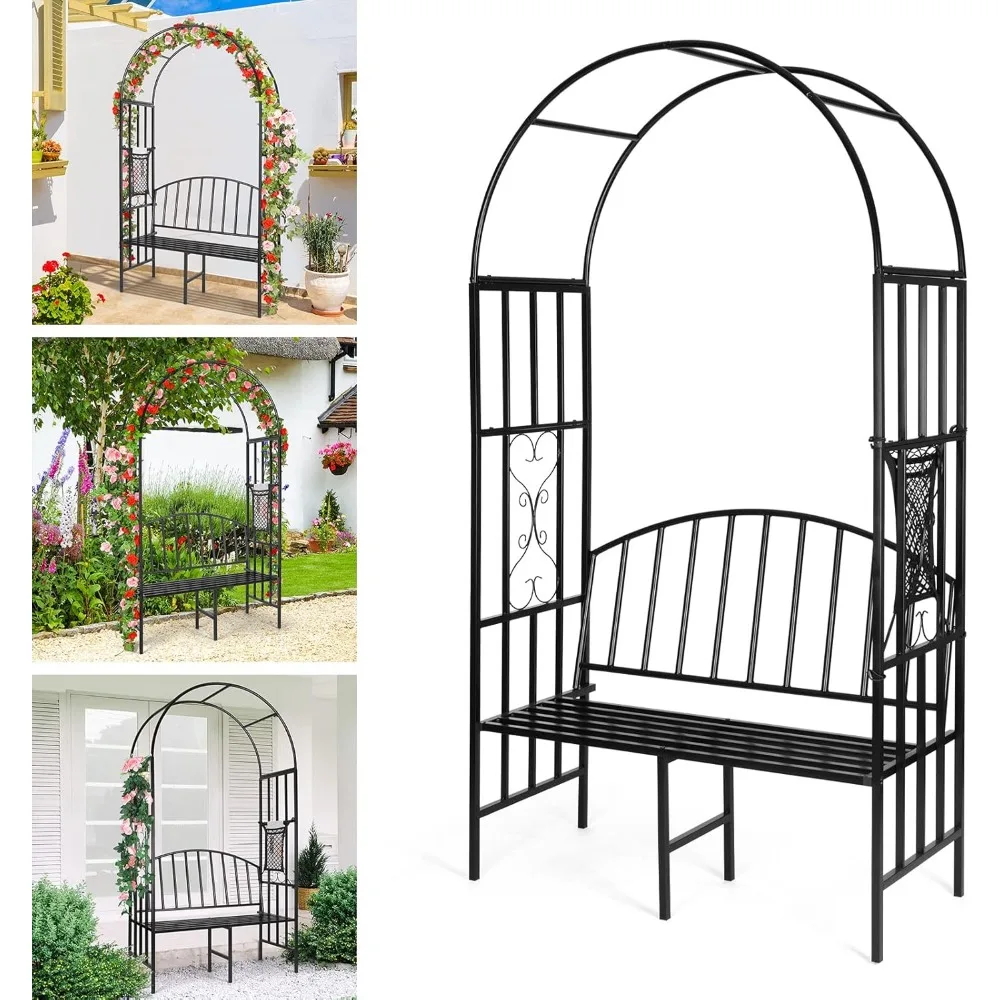 Garden Arch Heavy Duty (Holds 660lbs-250kg) | Metal Arbor Archway for Climbing Plant & Two People Seat Bench |Outdoor Lawn Backy