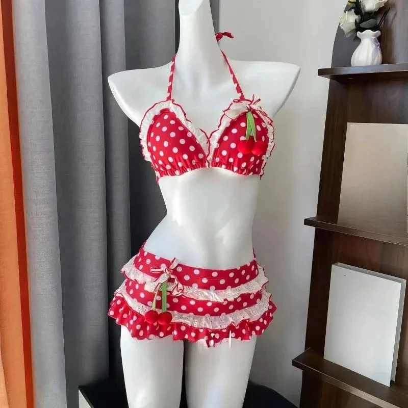Y2k Sweet Cherry Patchwork Bikini Set Women Sexy Beach Style Polka Dot Print Vacation Pool Party Hot Girl Bodycon Spring Summer 3