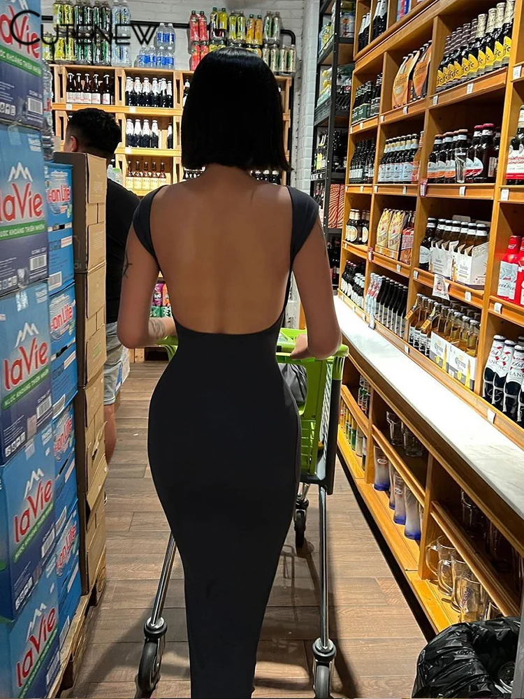 Cutenew elegancka sukienka typu Bodycon Maxi z okrągłym dekoltem z okrągłym dekoltem dla kobiet bez pleców letnia seksowna sukienka szata Stretch damskie sukienki