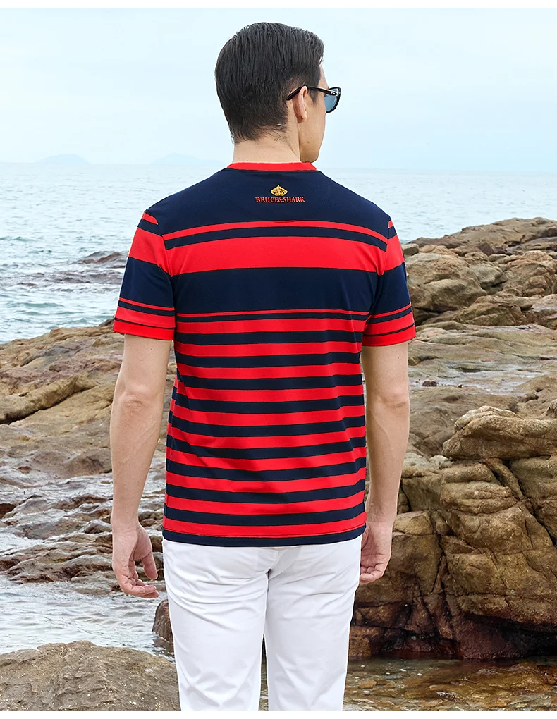 New Straight Men's Short T-shirt Round Neck Bruce&Shark Fashion Men's Stripe Tee Stretch Cotton Summer Breathable Tops Big Size 27 S213f3f3bbeb147d3b5da0e1a3fab56e6E