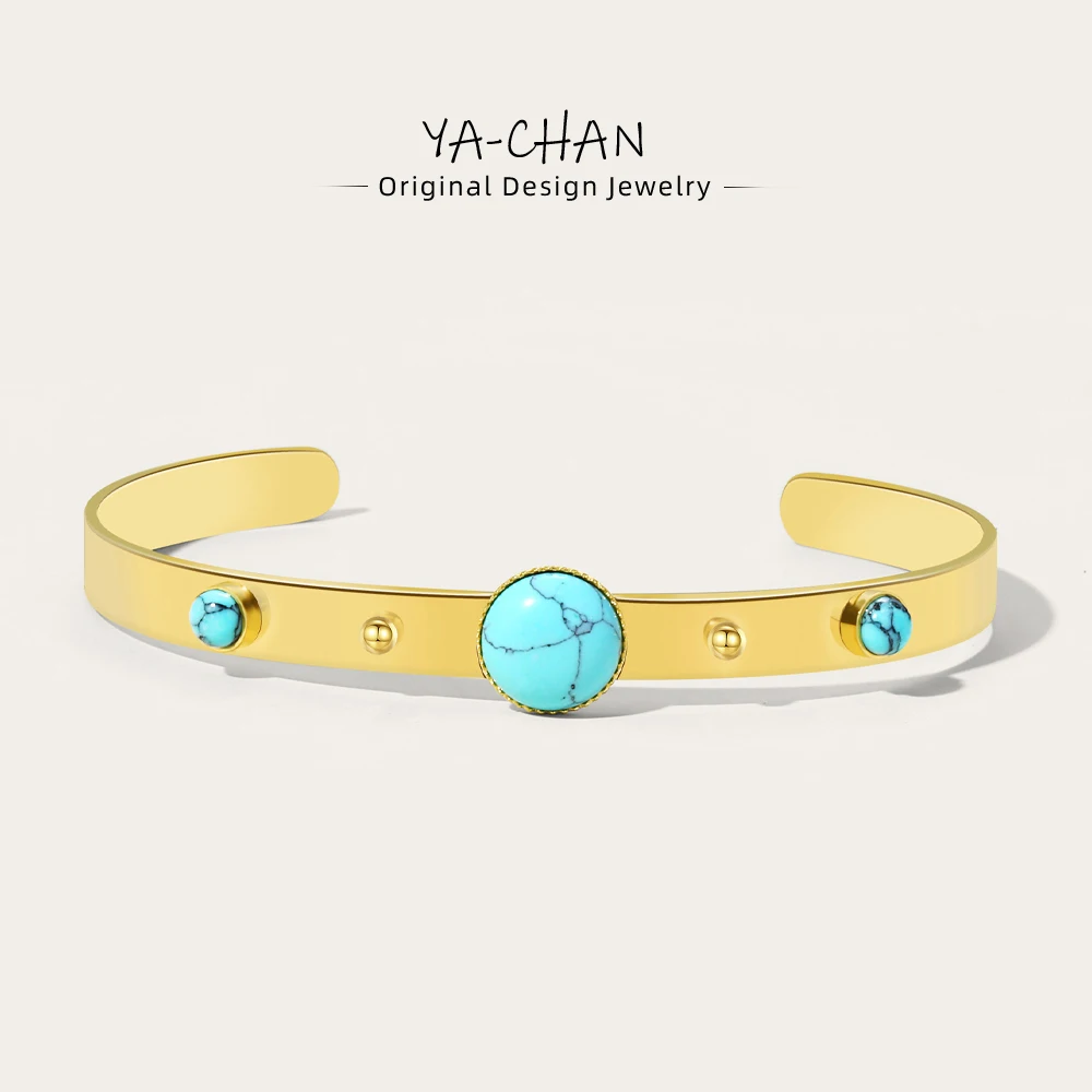 

YACHAN 18K Gold Plated Stainless Steel Cuff Bracelet for Women Luxury Vintage Turquoise Bangle Waterproof Jewelry