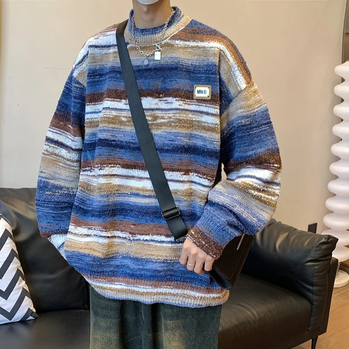 Men's Colors Striped Sweater Oversize Knitted Long Sleeve Pullovers Autumn Winter Knitwear Clothing Casaul Jumper for Man