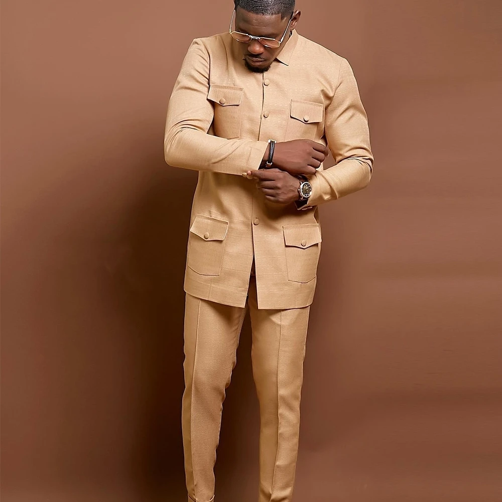 New Men's Wedding Dress Single-breasted Suit Two-piece Suit Shirt Solid Color Iong Sleeve Social African National Style Clothing