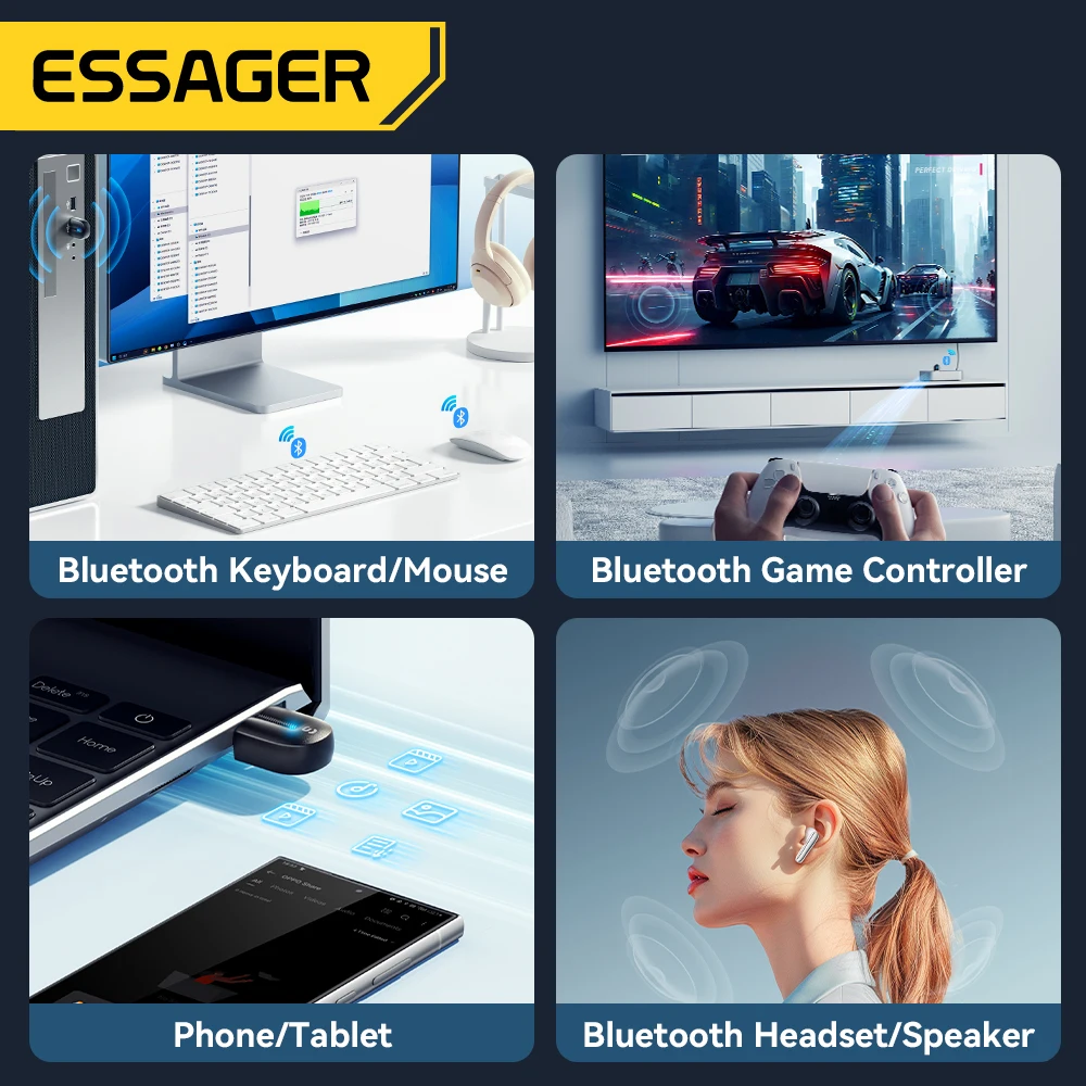 Essager USB Bluetooth 5.3 Adapter Aux Audio Receiver Transmitter For PC Speaker Laptop soundbox Wireless Mouse USB Transmitter 4
