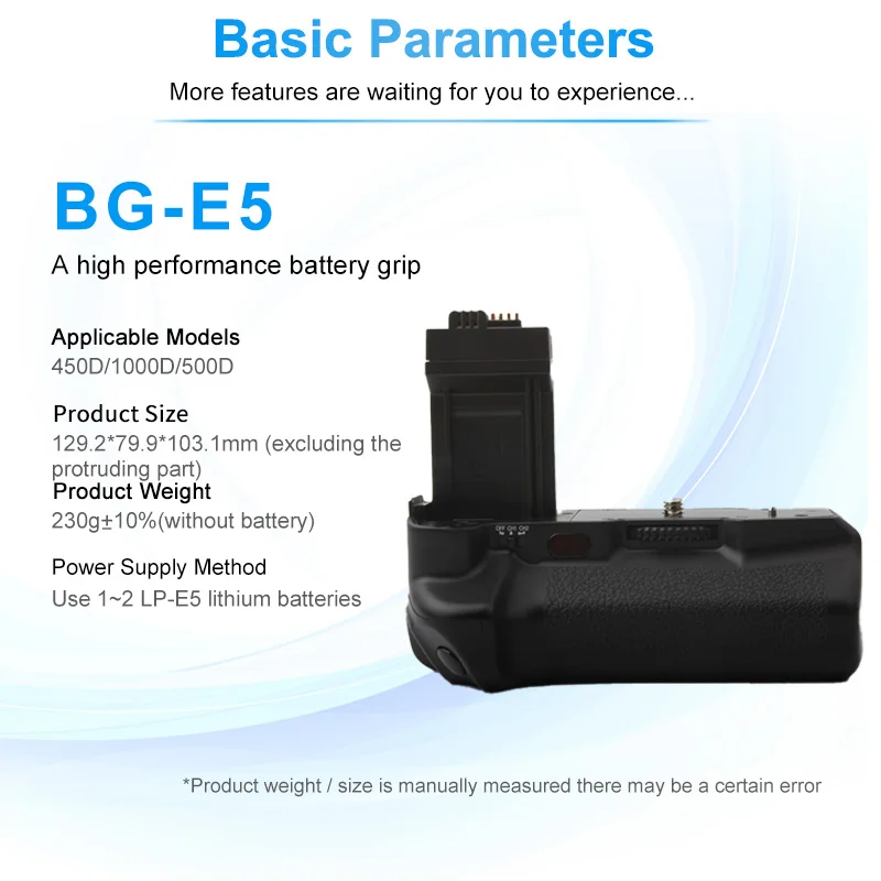 BG-E5 with Remote Control For Canon EOS Rebel XSi XS T1i 450D 500D 1000D digital camera vertical battery Grip