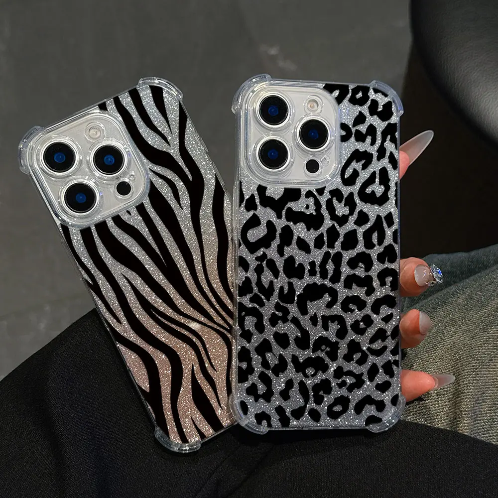 Luxury Black Leopard Print Anti-Fall Bling Clear Phone Case