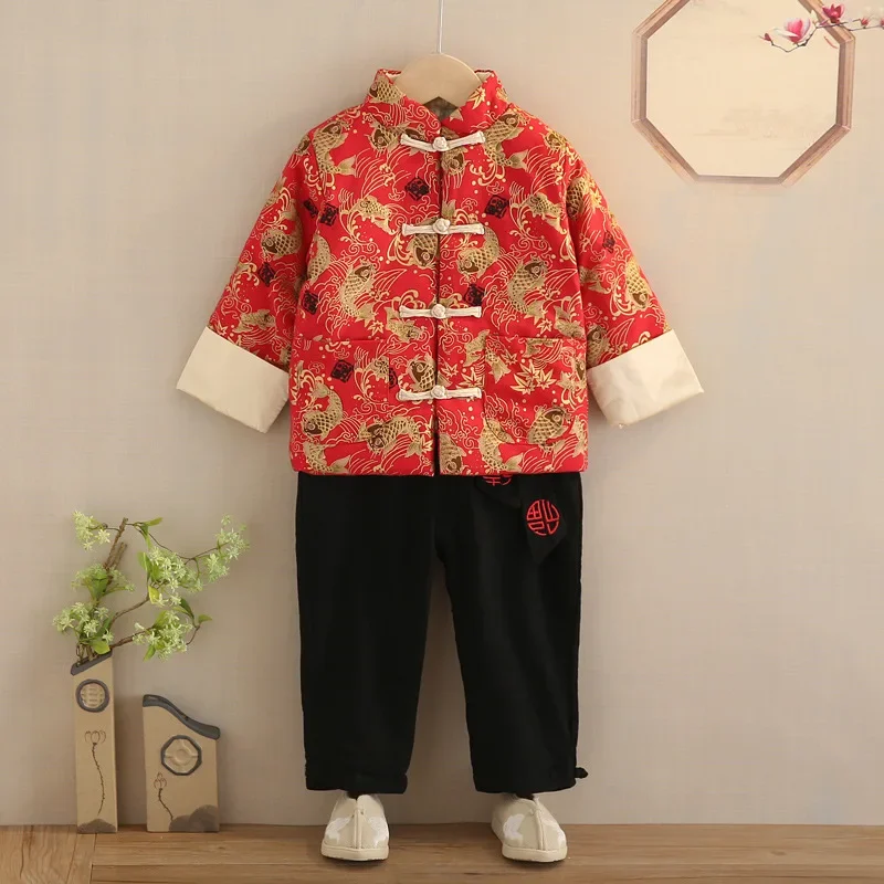 어린이 중국 스타일 Hanfu 소년 새해 당나라 정장 패션 복고풍 동양 의류 크레인 드래곤 자수 코트 어린이 의상