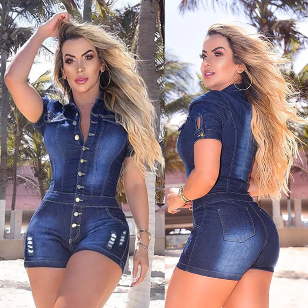 Casual Denim Romper for Women Single-breasted Short Sleeves Bodysuits  Summer Skinny Holes Female Jumpsuit Jean Overalls Playsuit - AliExpress
